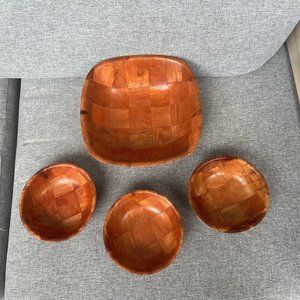 Vintage Wood Woven Weave Salad Bowl 3 serving bowls wood checkerboard